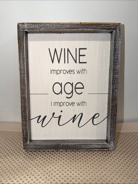 Shabby Chic Ivory Gray Brushed Wooden Framed Art  WINE Message 10 x 8 inches